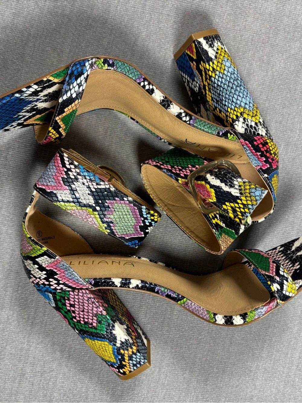 Multi-Color Snake-Print Ankle Strap Heels